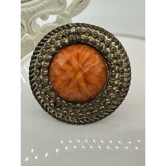 Vintage Gold Tone Adjustable Rings Agate Orange Excellent Made In China - Picture 2 of 7